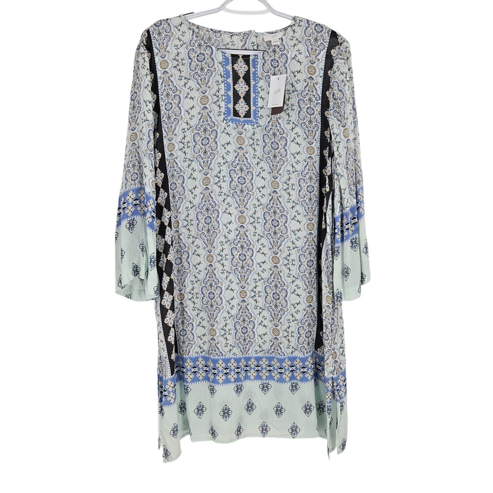 J.jill Caftan Tunic Top Blue White Paisley Floral 3/4 Sleeve Pullover NWT Size M